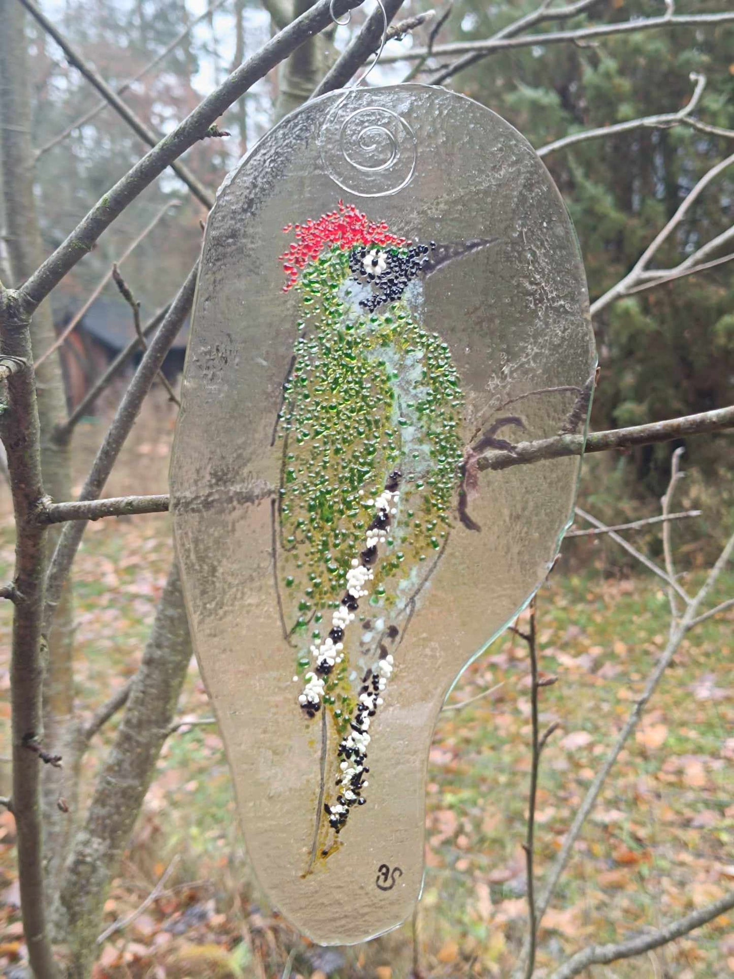 Dzięcioł zielony - zawieszka ze szkła