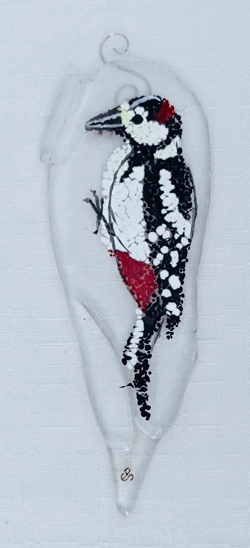 Dzięcioł białogrzbiety - szklana zawieszka